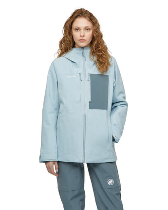 Light blue Mammut Stoney HS Thermo Hooded Jacket women's front view with grey chest panel