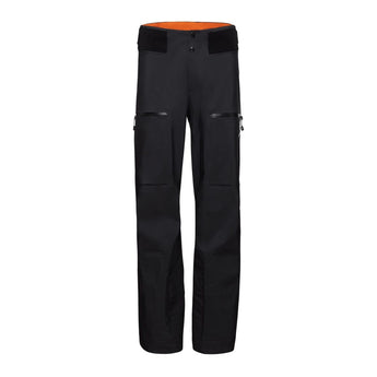 Mammut Eiger Free Advanced black hardshell ski pants flat lay showing zippered pockets and orange lining