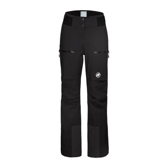 Black Mammut Stoney HS Thermo women's ski pants flat lay showing zippered thigh pockets and logo