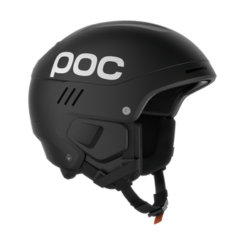 Side profile of black POC Arcus ski helmet showing large logo, horizontal vents, and integrated ear protection