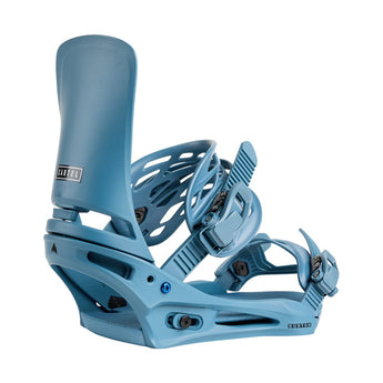 Blue Burton Cartel snowboard binding three-quarter view highlighting cutout baseplate design