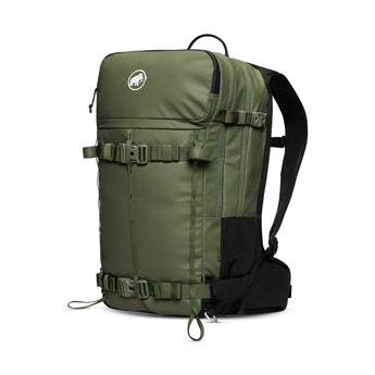 Green Mammut Nirvana 28L backpack front view with metal buckle compression straps