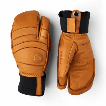 Hestra Fall Liner tan leather three-finger mitten front and back view with adjustable strap