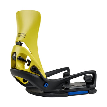 Yellow highback Burton Cartel X Step On binding side view with blue accent strip and knobs