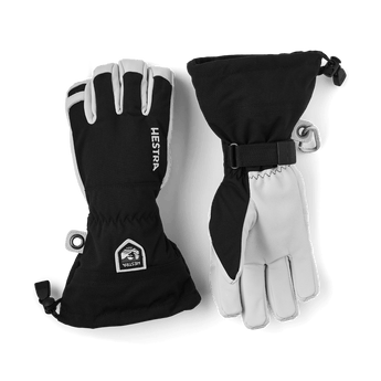 Pair of Hestra Army Heli Ski black and white ski gloves with drawstring closure