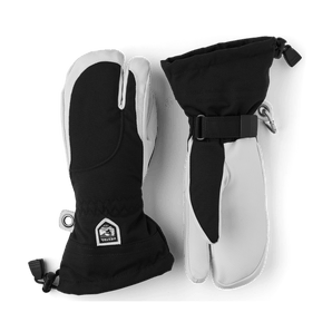 Hestra Heli Ski 3-Finger W women's gloves flat lay with adjustable straps