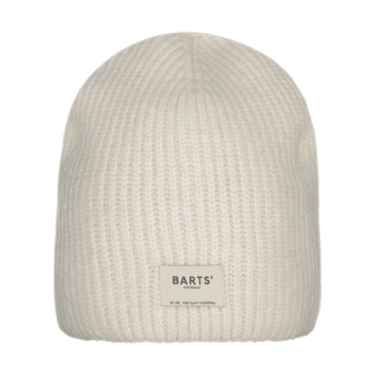 Cream ribbed knit Barts Darty beanie with no turn-up cuff and front label