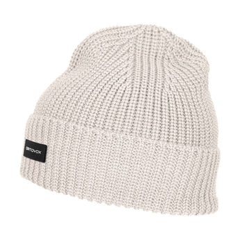 Black ribbed knit beanie with folded cuff and logo patch
