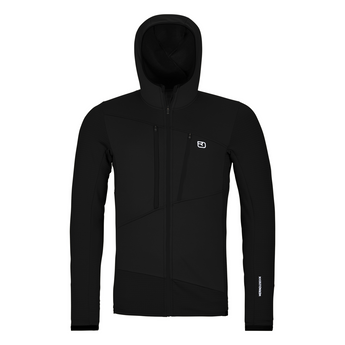 Men's black ORTOVOX Fleece Grid Pullover with hood, zippered chest pocket and MERINO200G sleeve print