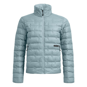 Front view of women's light blue quilted down jacket with zipper and pockets