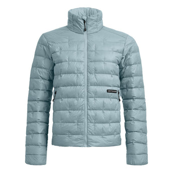 Front view of women's light blue quilted down jacket with zipper and pockets
