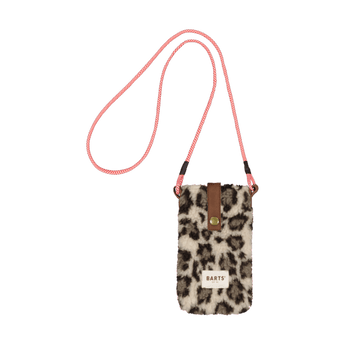 Barts Bugbane leopard print faux fur phone bag with brown leather strap and striped cord