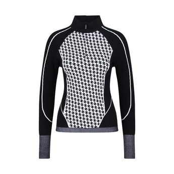 Sportalm Arco Rolli W women's black slim-fit midlayer pullover with white houndstooth jacquard and mock neck