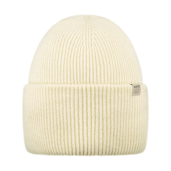 Barts cream beanie with folded cuff and side label detail