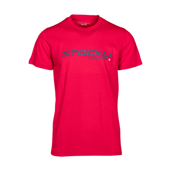 Stoeckli red crew neck T-shirt with Swiss ski graphic and Made in Switzerland label