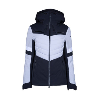 Stoeckli women's navy and gray quilted chest ski jacket front view with zippered pockets