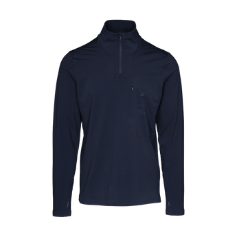 Stoeckli navy blue long sleeve quarter zip athletic shirt with Made in Switzerland logo