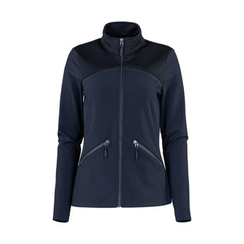 Stoeckli Technostretch Style women's navy blue midlayer jacket front view with high collar, diagonal zip pockets and tailored fit