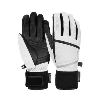 White and black Reusch Tessa STORMBLOXX ski gloves featuring windproof waterproof design