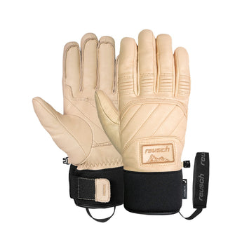 Beige leather Reusch Legacy R-TEX XT ski gloves with black cuff and wrist strap