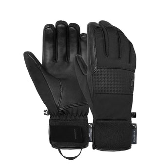 Reusch Marta R-TEX XT black ski gloves with houndstooth knuckle panel and adjustable wrist strap