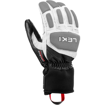 White Leki Skyster ski glove featuring black mesh panels and elastic wrist cuff
