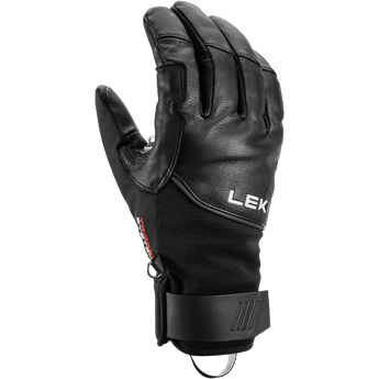 Front view of black Leki Pegas 3D Lite ski gloves featuring mesh wrist panels and knuckle branding