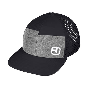 Black ORTOVOX LOGO AIR TRUCKER cap with gray front panel and mesh back