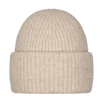 Cream colored ribbed knit beanie with scattered sequins and tag