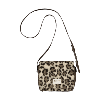 Barts Bugbane leopard print shearling shoulder bag flat lay with adjustable strap