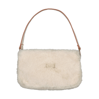 Cream faux fur shoulder bag with two-tone peach handle and gold hardware detail