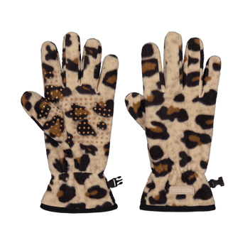Barts beige leopard print fleece gloves with textured grip and adjustable buckle cuffs