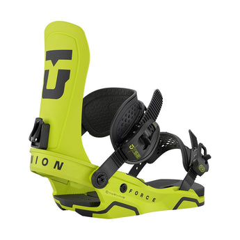 Lime green Union Force snowboard binding three-quarter view with adjustable straps