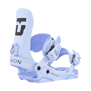 Light blue DeeLuxe Trilogy snowboard binding angled view showing Stage 9 DuraFlex baseplate