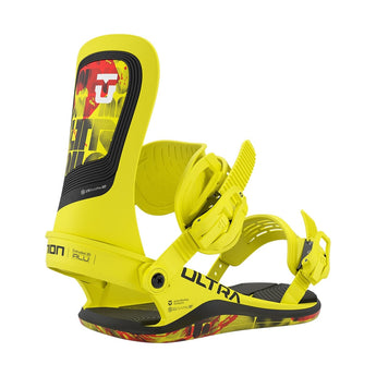DeeLuxe Ultra men's yellow snowboard binding with ribbed straps and 3D aluminum baseplate detail
