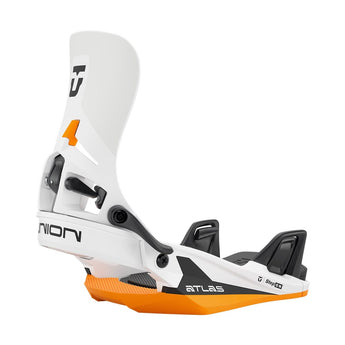 White and orange Union Atlas Step On snowboard binding side view with adjustment levers