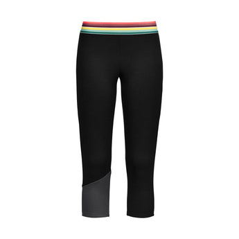Black women's three-quarter length leggings front view with striped waistband and gray calf panel