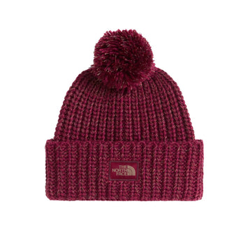Maroon The North Face Cozy Chunky Cabin Beanie with pom-pom and folded cuff featuring THE NORTH FACE logo