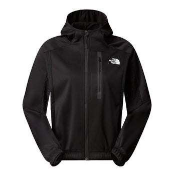 Close-up of The North Face Mountain Athletic FZ W black hooded jacket with textured shoulder panels