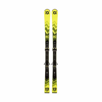 Voelkl Racetiger SC yellow and green chevron pattern skis with VMotion bindings
