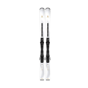 Atomic Cloud C11 white allmountain skis with black bindings and gold branding