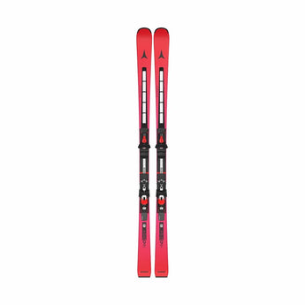 Atomic Redster G9 red alpine skis with black bindings and white logo
