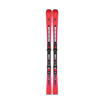 Red Atomic Redster S8 alpine skis with black bindings for slalom racing