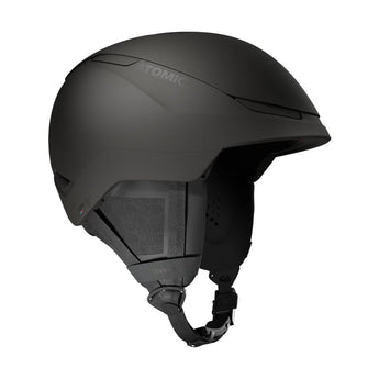 Side profile of matte black Atomic Revent GT AMID ski helmet showing gray branding and vents