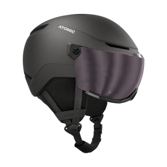 Front view of matte gray Atomic Revent Visor JR kids ski helmet with purple-gray lens