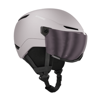 Light gray Atomic Revent Junior ski helmet featuring dark tinted wraparound visor and side branding