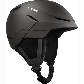 Matte black Atomic Revent JR ski helmet side view with ventilation and gray chin strap