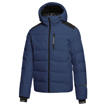 Front navy blue Dot Out Nova puffer jacket with black shoulder panels, chest branding, and striped cuffs