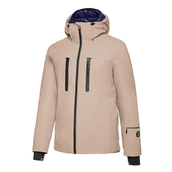 Beige hooded jacket with dark blue lining and circular sleeve logo