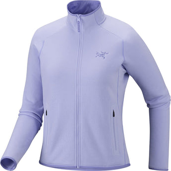 Light purple Arcteryx Kyanite Jkt W women's fleece jacket front view with ribbed fabric texture